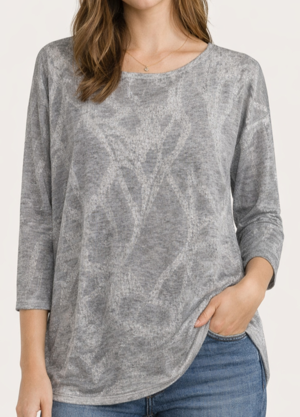 White House Black Market Medium Silver Metallic Scoop Neck High Low Knit Top